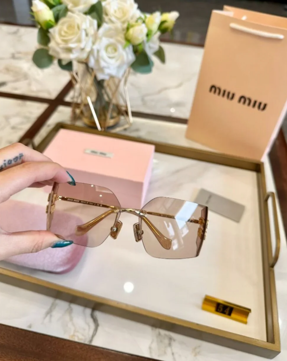 Miu Miu Rimless Square Sunglasses Light Brown Gradient Lens Gold Logo